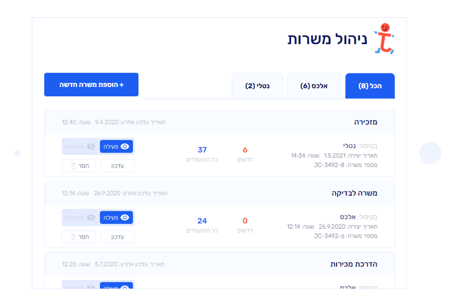  פניות המועמדים בג‘וב קליק הן אותנטיות!
<br>
למה?
<br>
כי המועמד פונה אל מספר מעסיקים בפעם אחת ועם קורות חיים אחיד ואחד המתאר את ניסיונו וכישוריו בצורה אמינה ומהימנה.
<br>
בנוסף מצרף המועמד את ציפיות השכר שלו, זמינותו לעבודה ואף מכתב נלווה עבורך המעסיק כך שניתן להכיר את המועמד ואת עניינו וצרכיו מבעוד מועד.